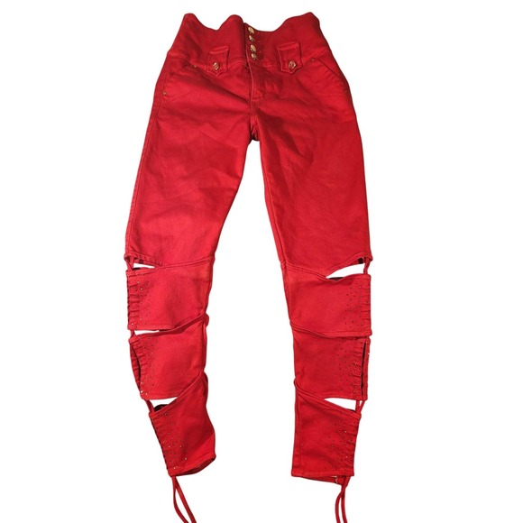 Lowell Jeans Denim - Lowell Jeans Skinny‎ Womens 10 Red High Rise Lift Distressed Rhinestone Cut Outs